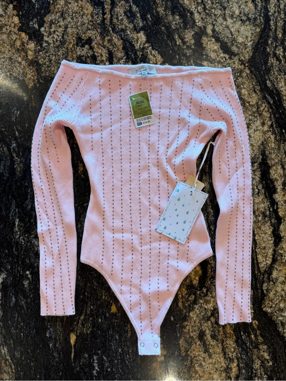 Sweet Rain Light Pink Ribbed Long-Sleeve One-Piece Bodysuit